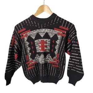 Vintage Brunton Geometric Print Sweater Kids Size M 10-12‎ Black Red  Acrylic